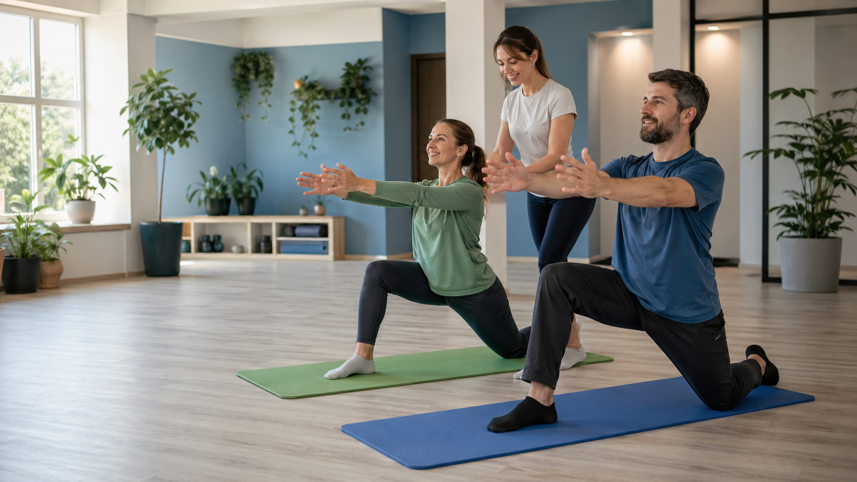 Люди виконують м'які вправи на рухливість у сучасній wellness студії